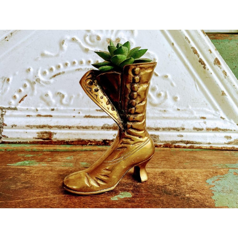 Vintage Brass Victorian Boot Vase Planter